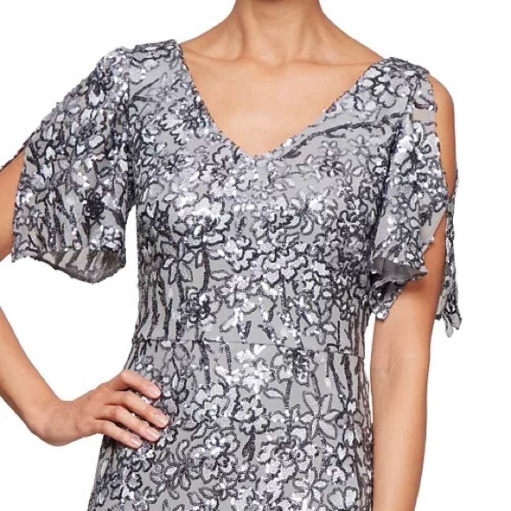 Alex Evenings Sequinned Cold-Shoulder Gown in Silver - Picture 4 of 11